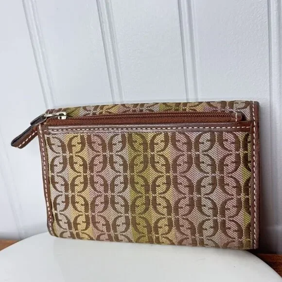 RARE Fossil Wallet Trifold Canvas Monogram Brown Leather Vintage Beautiful - Picture 3 of 11